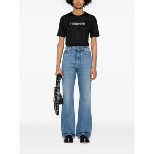 Paco Rabanne Logo Embellished T Shirt Short Sleeve Streetwear Y2K Black S